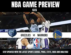 NBA game preview featuring a Grizzlies player in a blue jersey jumping with the ball against Warriors players. Logos and matchup details displayed. Energetic scene.