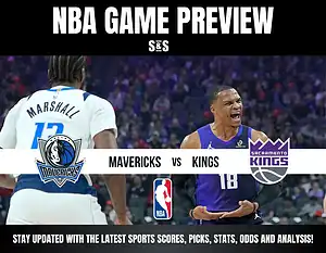 NBA game preview between the Dallas Mavericks and Sacramento Kings, featuring team logos and information.