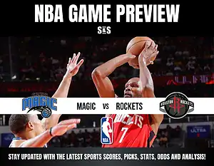 NBA Game Preview featuring Orlando Magic vs. Houston Rockets, with a player from the Rockets shooting a basketball.