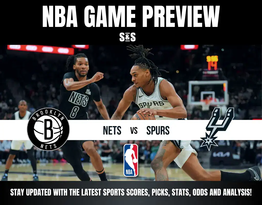 NBA game preview graphic featuring the Brooklyn Nets and the San Antonio Spurs, with players from both teams in action.