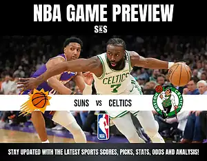 NBA game preview featuring the Boston Celtics and Phoenix Suns, showcasing intense action on the court.