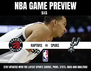 NBA game preview image featuring a player from the Spurs, with team logos for the Toronto Raptors and San Antonio Spurs. Text promotes game updates.
