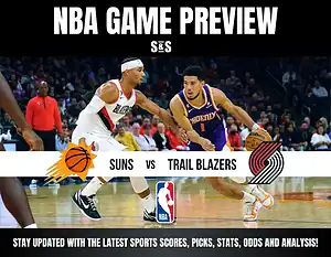 NBA Game Preview featuring the Suns vs. Trail Blazers, with players competing for the ball in an exciting basketball match.
