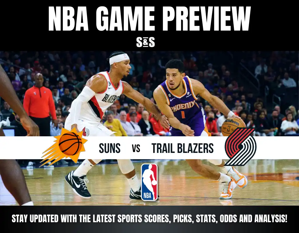 NBA Game Preview featuring the Suns vs. Trail Blazers, with players competing for the ball in an exciting basketball match.