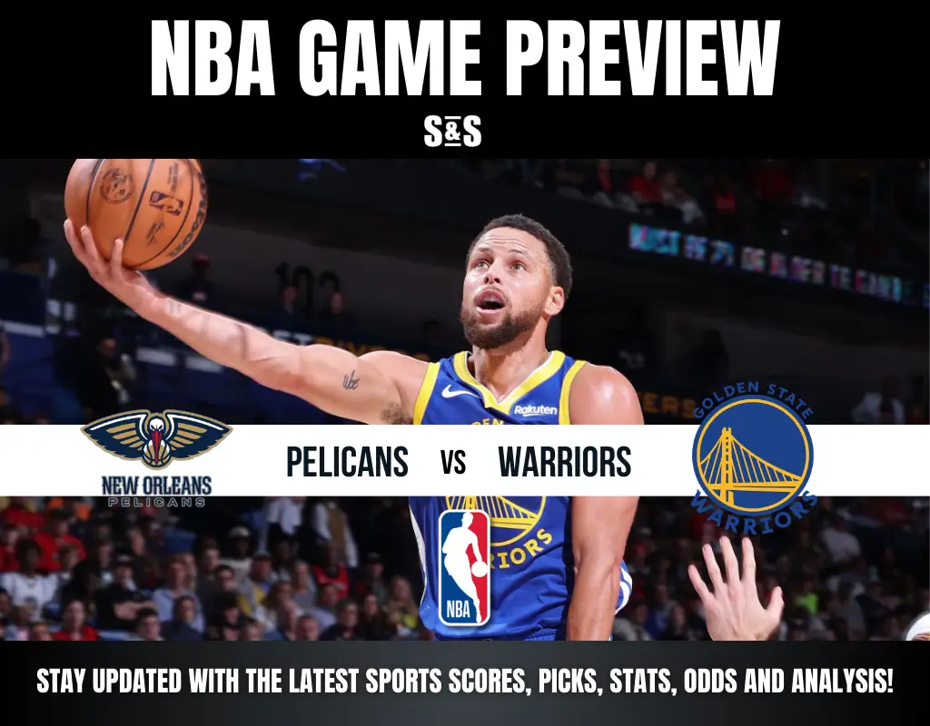 NBA game preview featuring the New Orleans Pelicans vs. Golden State Warriors, highlighting key match-ups and stats.