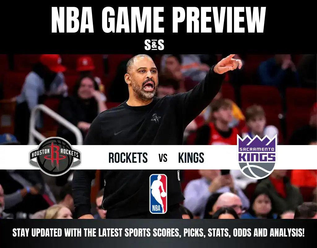 NBA Game Preview graphic featuring a coach in a black shirt gesturing passionately. Logos of Houston Rockets and Sacramento Kings with 'Rockets vs Kings' text. NBA logo centered below. Audience visible in the background.