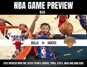NBA game preview featuring the Chicago Bulls vs. New York Knicks with action shots and team logos prominently displayed.