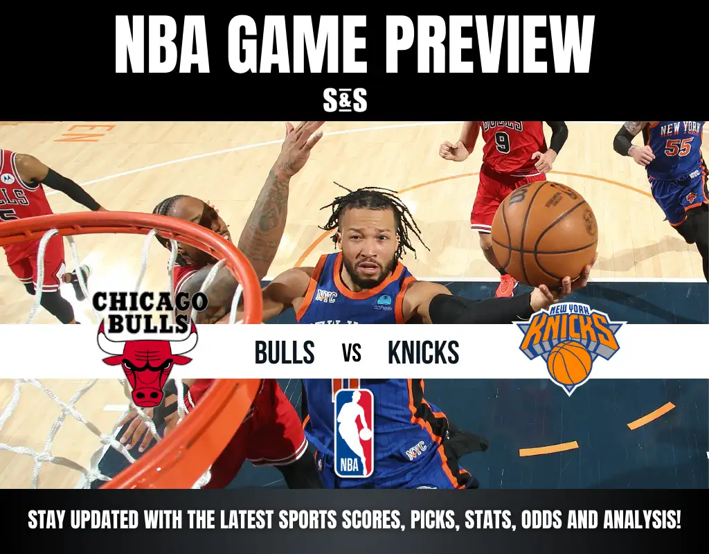 NBA game preview featuring the Chicago Bulls vs. New York Knicks with action shots and team logos prominently displayed.