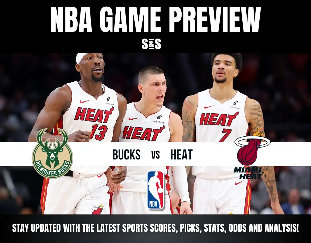 NBA game preview featuring players from the Miami Heat. Team logos for the Bucks and Heat are displayed prominently.
