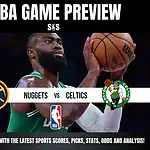 NBA game preview featuring a Celtics player aiming to shoot. Logos for Nuggets and Celtics with text highlighting game analysis and updates.