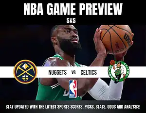 NBA game preview featuring a Celtics player aiming to shoot. Logos for Nuggets and Celtics with text highlighting game analysis and updates.