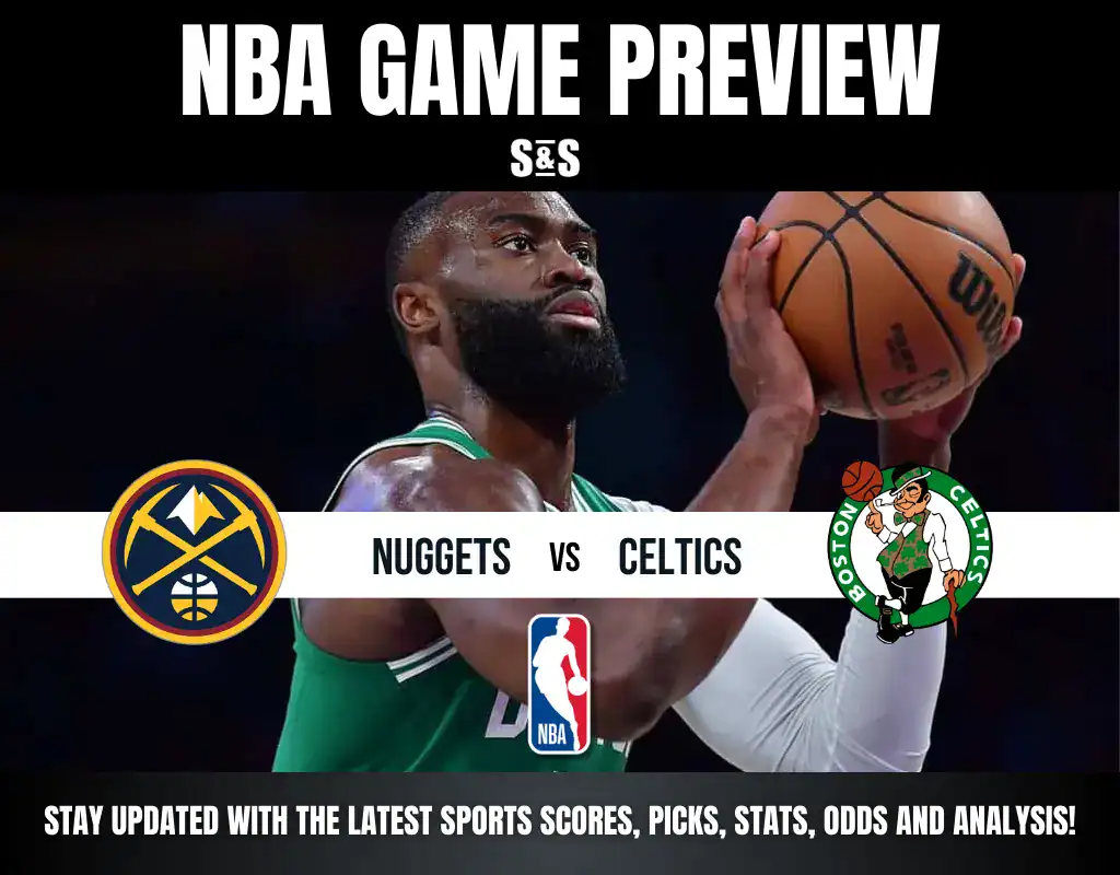 NBA game preview featuring a Celtics player aiming to shoot. Logos for Nuggets and Celtics with text highlighting game analysis and updates.