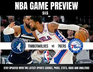 NBA Game Preview graphic featuring the Timberwolves vs. 76ers, highlighting player action and team logos.