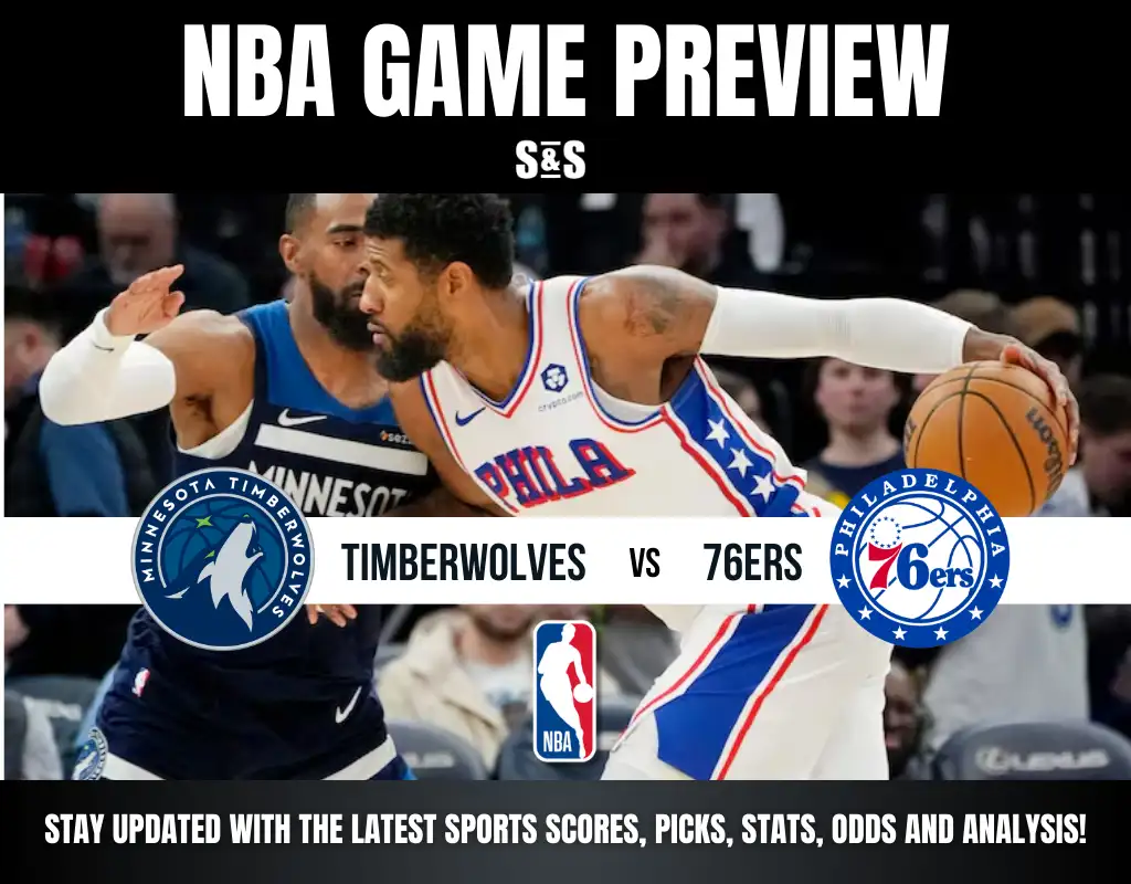 NBA Game Preview graphic featuring the Timberwolves vs. 76ers, highlighting player action and team logos.