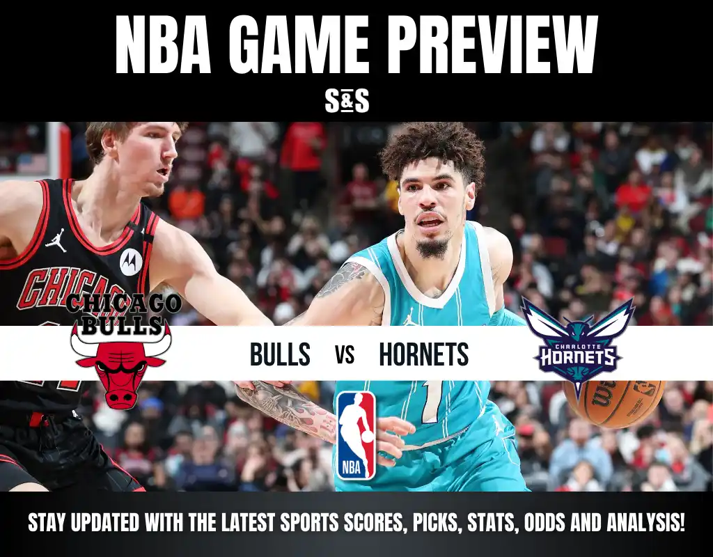 NBA game preview image featuring a Bulls player in a red jersey facing a Hornets player in teal. Team logos and matchup details are displayed prominently.