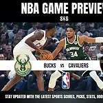 NBA game preview featuring Milwaukee Bucks versus Cleveland Cavaliers. Bucks player in green defends against a Cavaliers player in white. Logos and text included.