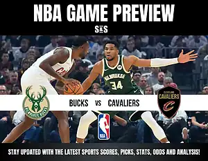 NBA game preview featuring Milwaukee Bucks versus Cleveland Cavaliers. Bucks player in green defends against a Cavaliers player in white. Logos and text included.