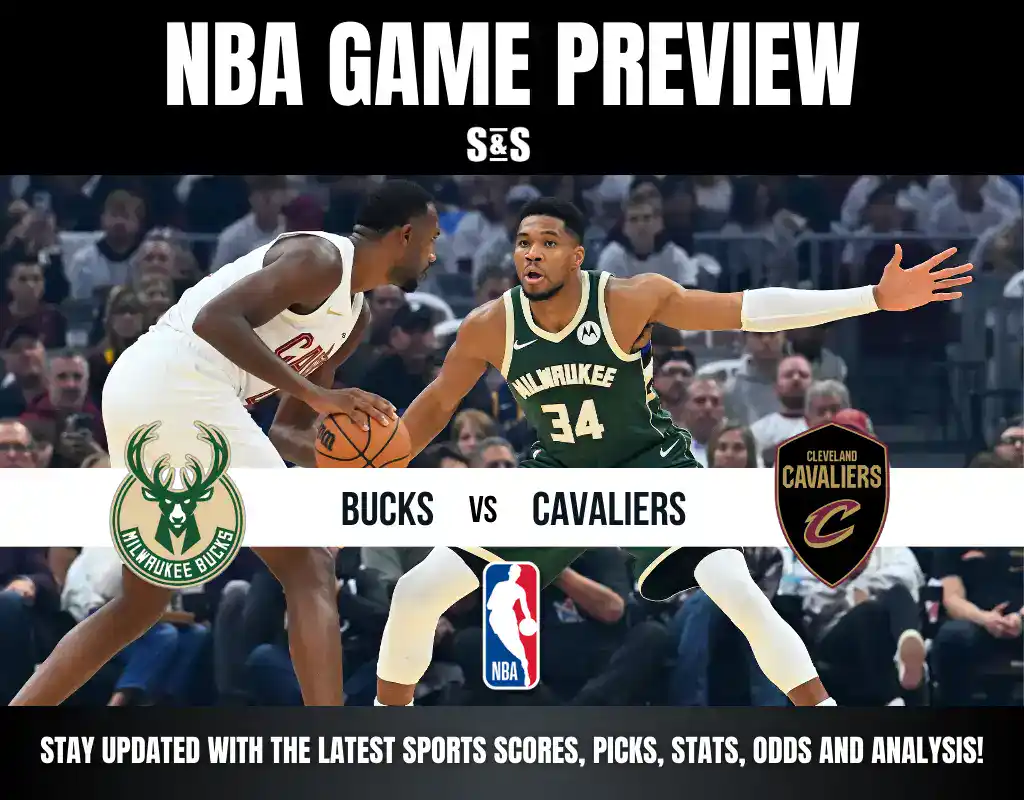 NBA game preview featuring Milwaukee Bucks versus Cleveland Cavaliers. Bucks player in green defends against a Cavaliers player in white. Logos and text included.