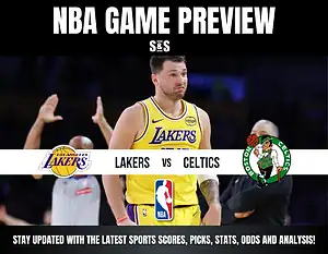 NBA Game Preview: Lakers vs. Celtics, featuring players in yellow and green uniforms with stats and analysis banner below.