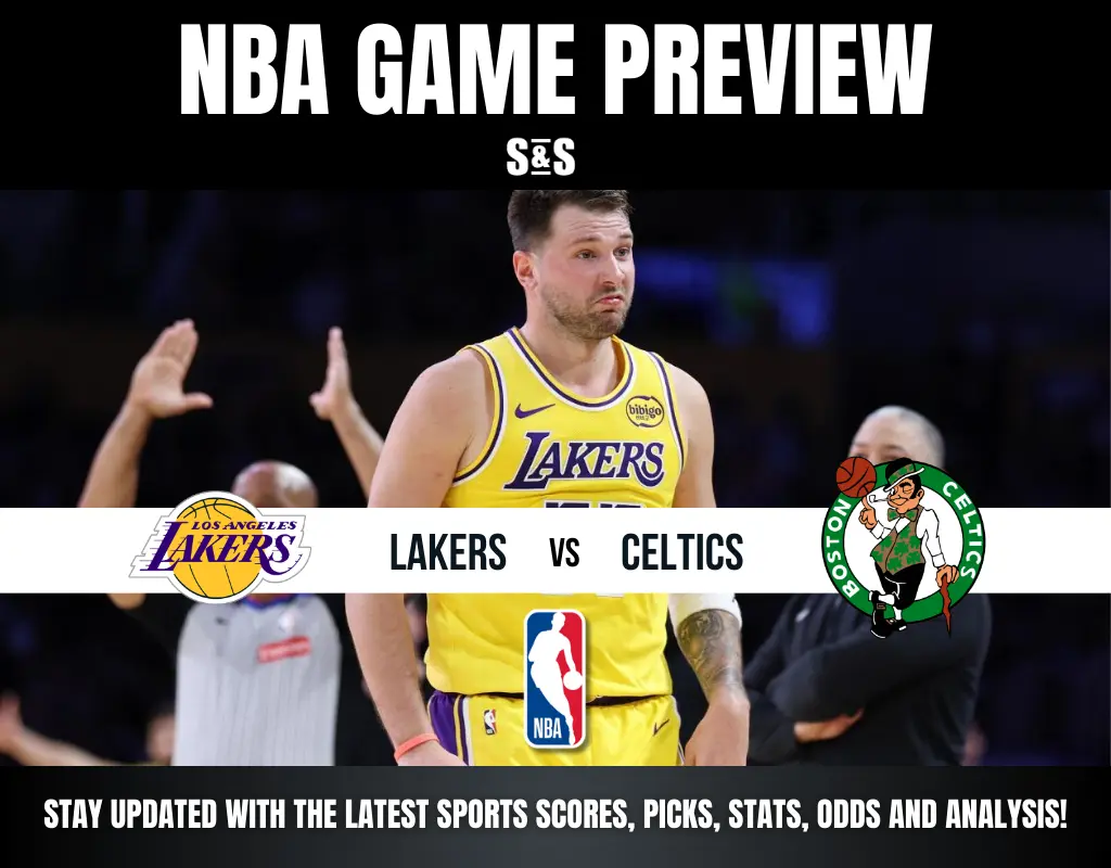 NBA Game Preview: Lakers vs. Celtics, featuring players in yellow and green uniforms with stats and analysis banner below.