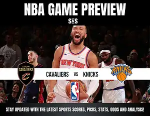 NBA game preview image showing an excited basketball player in a New York jersey. The Cleveland Cavaliers and New York Knicks logos are featured.