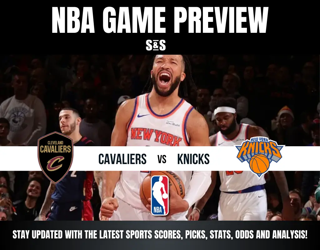 NBA game preview image showing an excited basketball player in a New York jersey. The Cleveland Cavaliers and New York Knicks logos are featured.