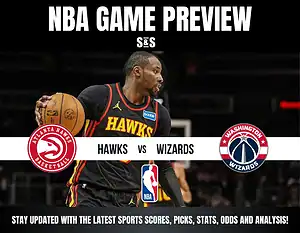 NBA game preview featuring Hawks vs. Wizards with a player in a Hawks jersey holding a basketball.