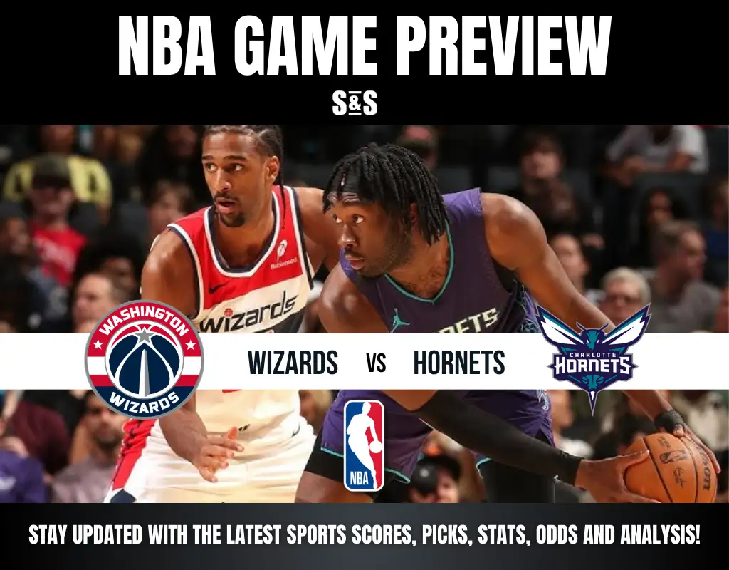 NBA game preview featuring the Washington Wizards logo and player against a Charlotte Hornets player. Intense focus, energetic atmosphere.