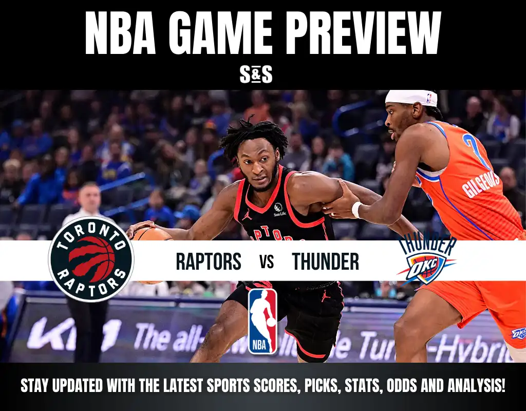 NBA game preview image shows a Raptors player driving against a Thunder defender. Logos and team names above, with a promotional text at the bottom. Energetic scene.