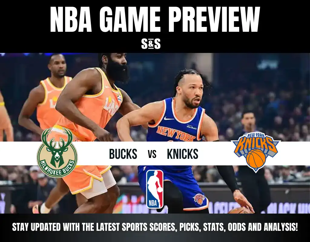 NBA Game Preview featuring the Milwaukee Bucks and New York Knicks. The image shows players in action during a game.
