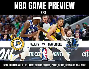 NBA game preview featuring the Indiana Pacers vs. Dallas Mavericks. Two players in action, with focused expressions. Logos and NBA branding visible.