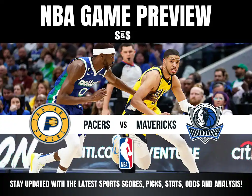 NBA game preview featuring the Indiana Pacers vs. Dallas Mavericks. Two players in action, with focused expressions. Logos and NBA branding visible.
