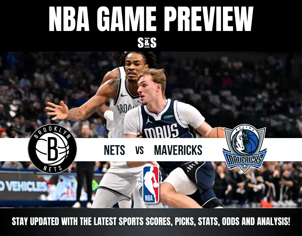 NBA game preview graphic with a Brooklyn Nets player defending a Dallas Mavericks player. Logos for both teams and the NBA are visible, with energetic action.