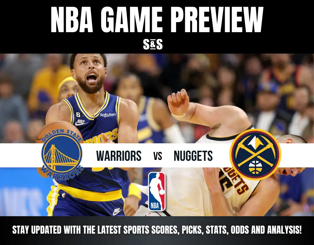 NBA game preview with Warriors vs Nuggets logos on either side, featuring an action shot of players in intense motion. Energetic and competitive vibe.