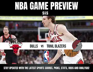 NBA game preview featuring the Chicago Bulls vs. Portland Trail Blazers, promoting updates on sports scores, picks, stats, odds, and analysis.
