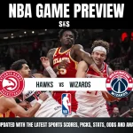 Basketball game preview featuring Atlanta Hawks vs. Washington Wizards. Players in action with team logos. Energetic and competitive atmosphere.