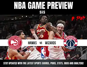 Basketball game preview featuring Atlanta Hawks vs. Washington Wizards. Players in action with team logos. Energetic and competitive atmosphere.
