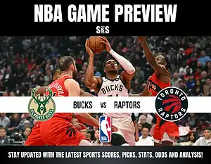 A Milwaukee Bucks player attempts a jump shot against two Toronto Raptors defenders. NBA game preview text and team logos are featured prominently.