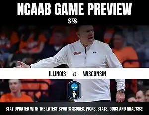 NCAAB game preview graphic featuring Illinois vs. Wisconsin, enhancing engagement with scores, picks, stats, and analysis updates.