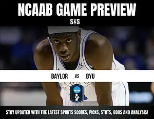 NCAA basketball game preview featuring Baylor vs. BYU, with details on scores, picks, stats, and analysis at the bottom.