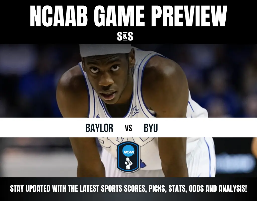 NCAA basketball game preview featuring Baylor vs. BYU, with details on scores, picks, stats, and analysis at the bottom.