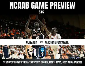 NCAA basketball game preview featuring Gonzaga vs. Washington State, with players in action and fans cheering in the background.