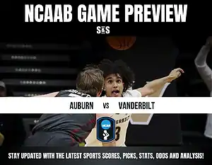 Image shows a sports preview graphic for an NCAA basketball game between Auburn and Vanderbilt, featuring action shots and game details.