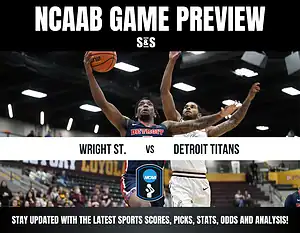 NCAAB game preview between Wright State and Detroit Titans, featuring players in action during a basketball match.