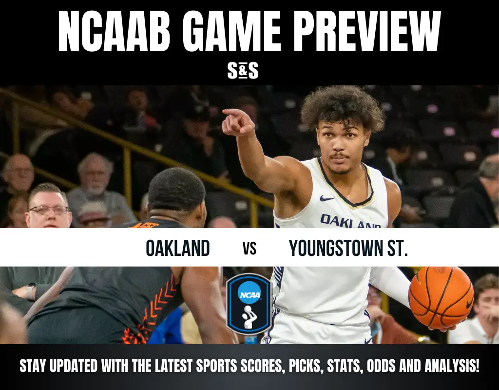 NCAAB game preview featuring Oakland vs. Youngstown State, with players in action and an emphasis on updates and stats.