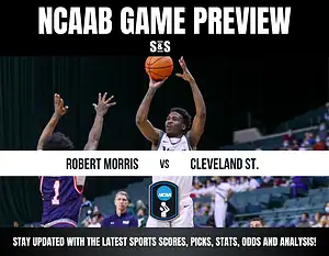 NCAAB game preview featuring Robert Morris vs. Cleveland State, with players engaging in action on the court.