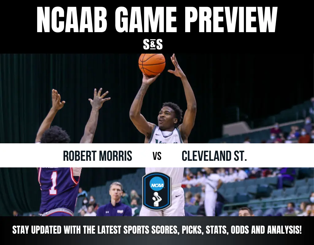 NCAAB game preview featuring Robert Morris vs. Cleveland State, with players engaging in action on the court.