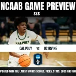 NCAAB game preview featuring a Cal Poly player with a basketball, facing off against UC Irvine. Updates on scores and analysis below.