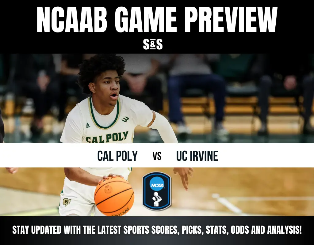 NCAAB game preview featuring a Cal Poly player with a basketball, facing off against UC Irvine. Updates on scores and analysis below.