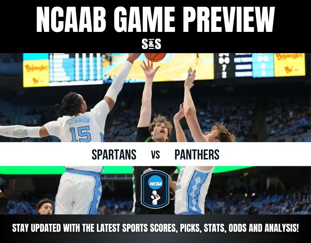NCAAB game preview featuring a matchup between Spartans and Panthers, with players competing for a rebound in an energetic arena.